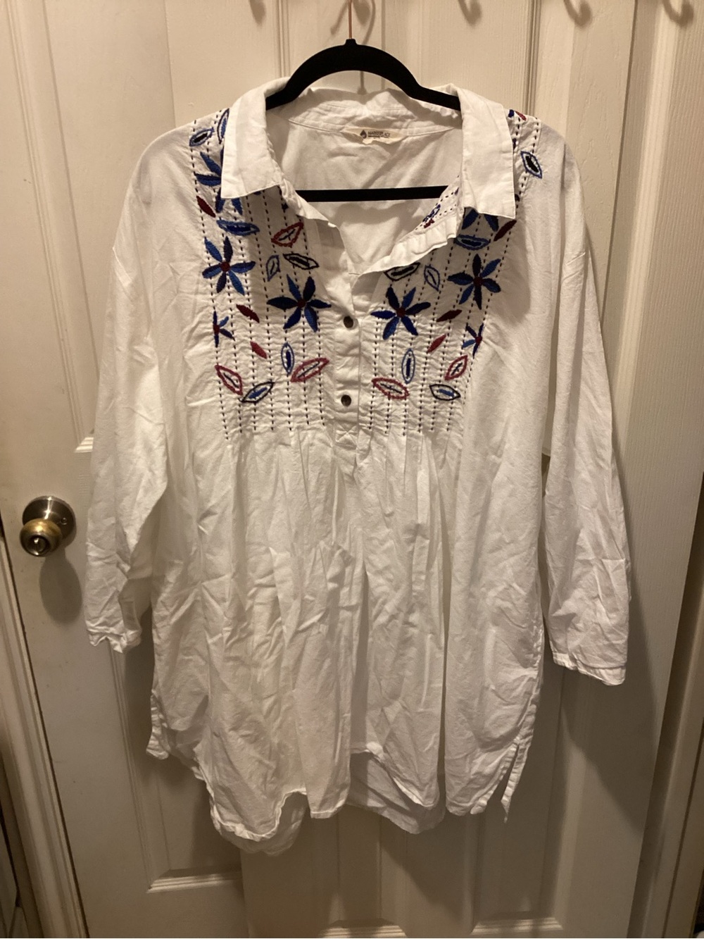 White Embroidered Collared Tunic with Blue & Red Floral Accents